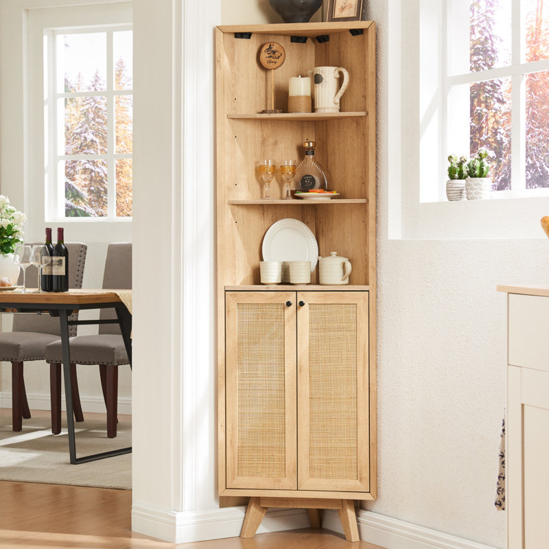Kontney Freestanding Rattan Bathroom Corner Cabinet with Adjustable Shelves
